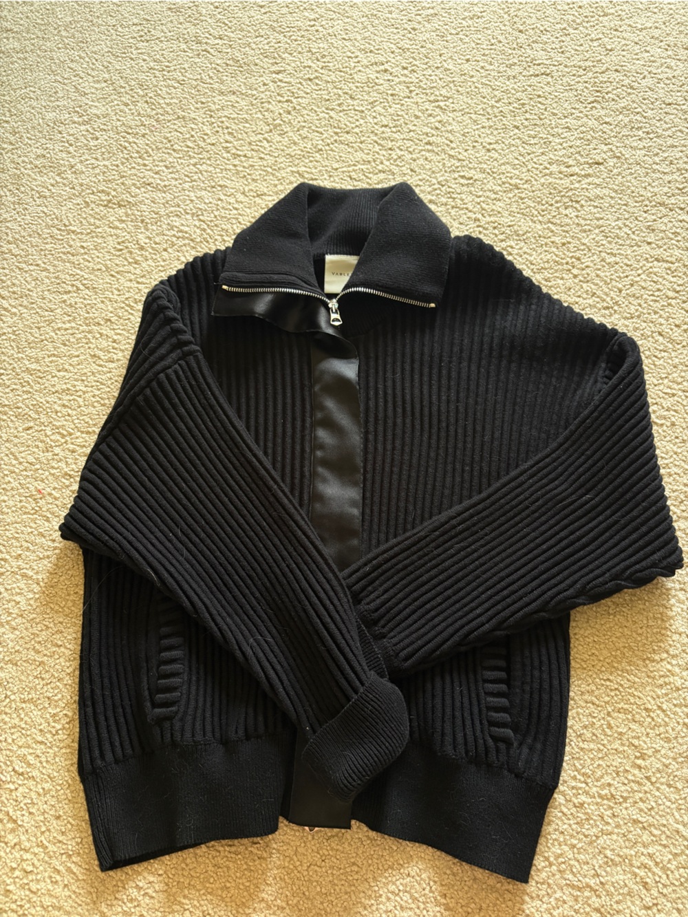 Varley ottoman knit 100% cotton black Ribbed Knit Zip-Back Sweater